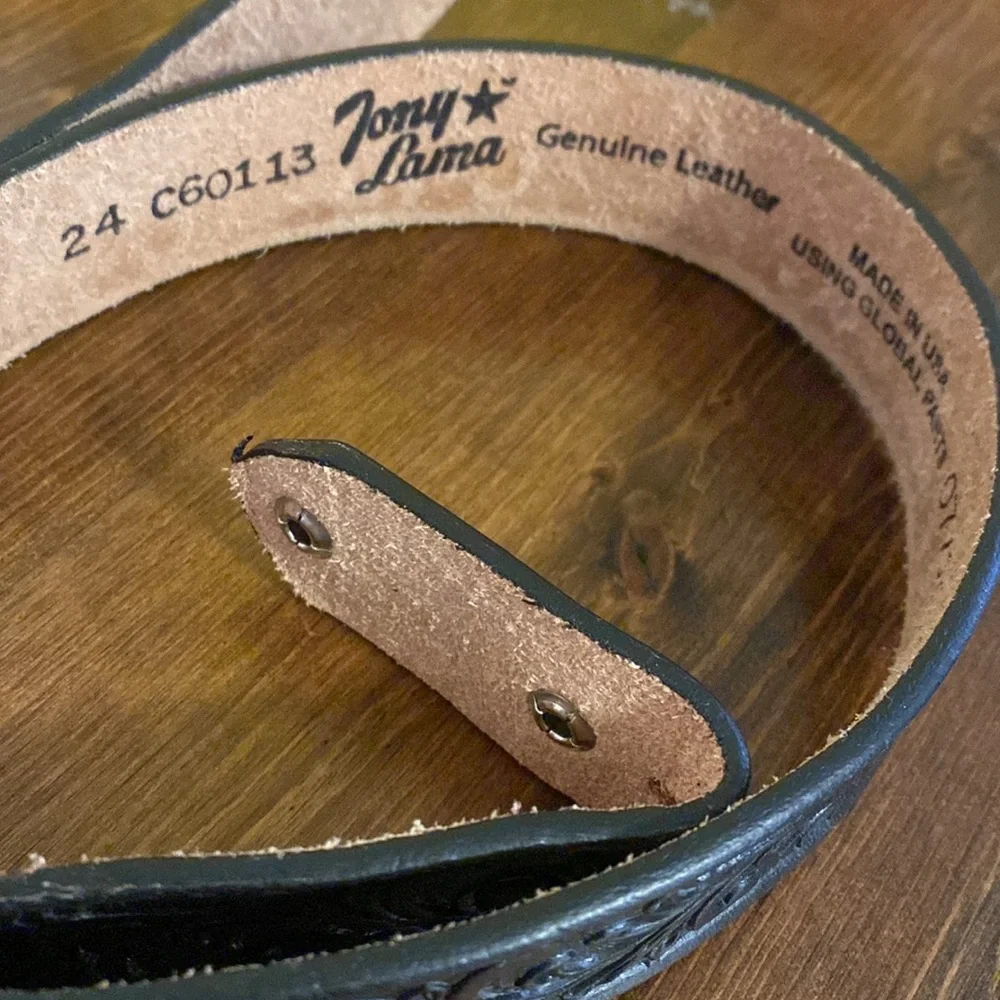 Tony Lama Black Tooled Western Leather Belt 24